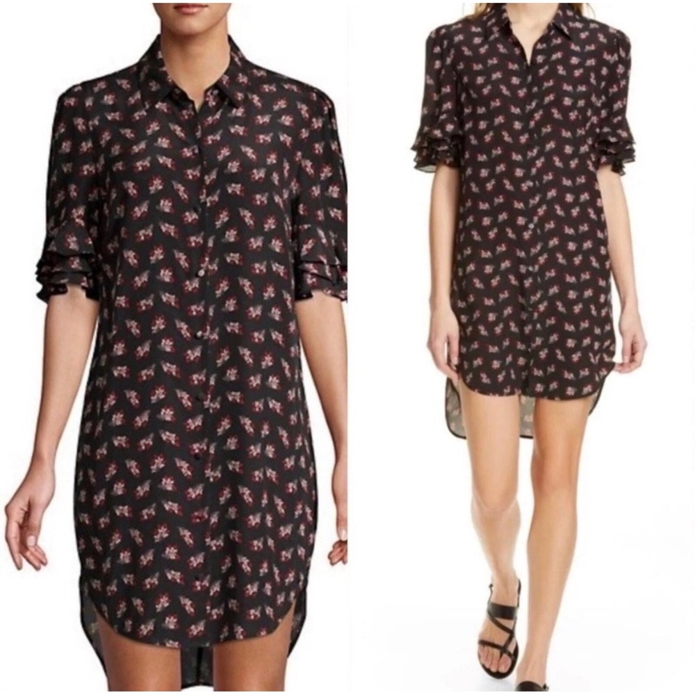 FRAME Silk Botanical Print Ruffle Sleeve Shirt Dress Size Medium Dark Floral Lux
